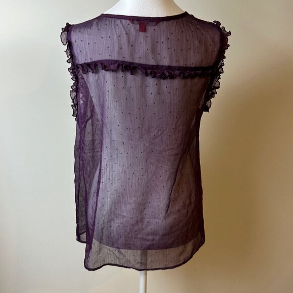 ModCloth Sheer Ruffle Blouse Swiss Dot Sleeveless Top Purple Tie Neck‎ Small - Picture 2 of 9